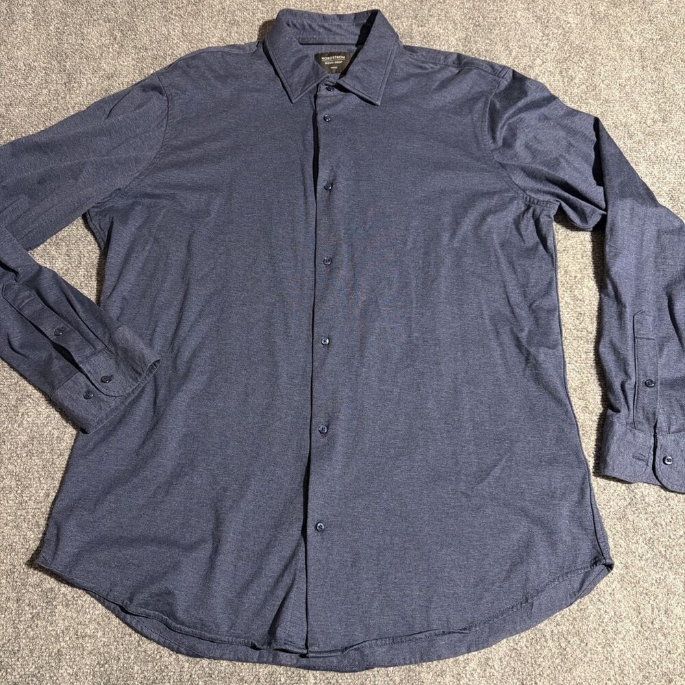 Nordstrom Mens Shop Shirt Mens 17.5 Blue Button Front Long Sleeve Super Soft